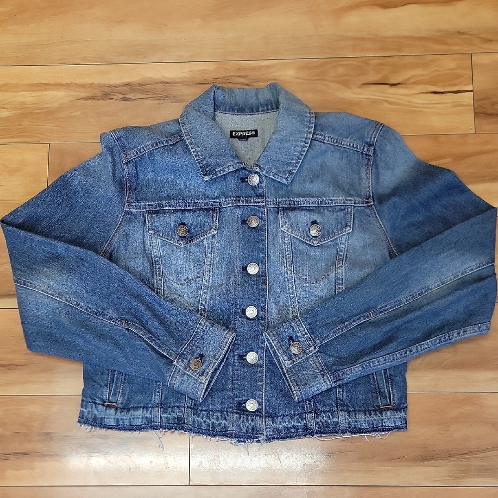 Express Crop Blue Distressed Womens Denim Jacket Size Med